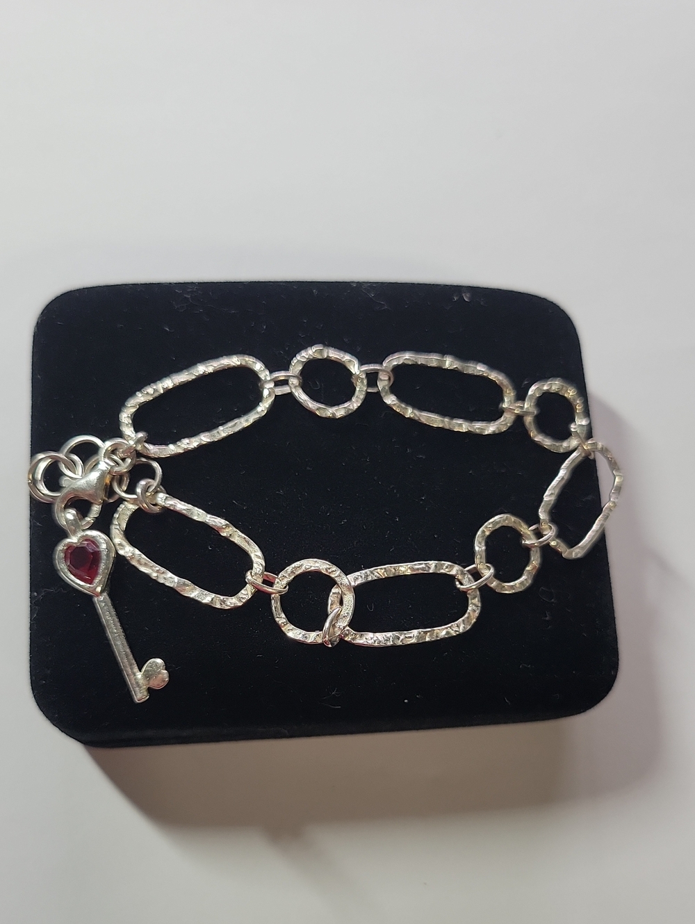 Sterling Silver Textured Link Bracelet with Heart Key Charm - Silver
